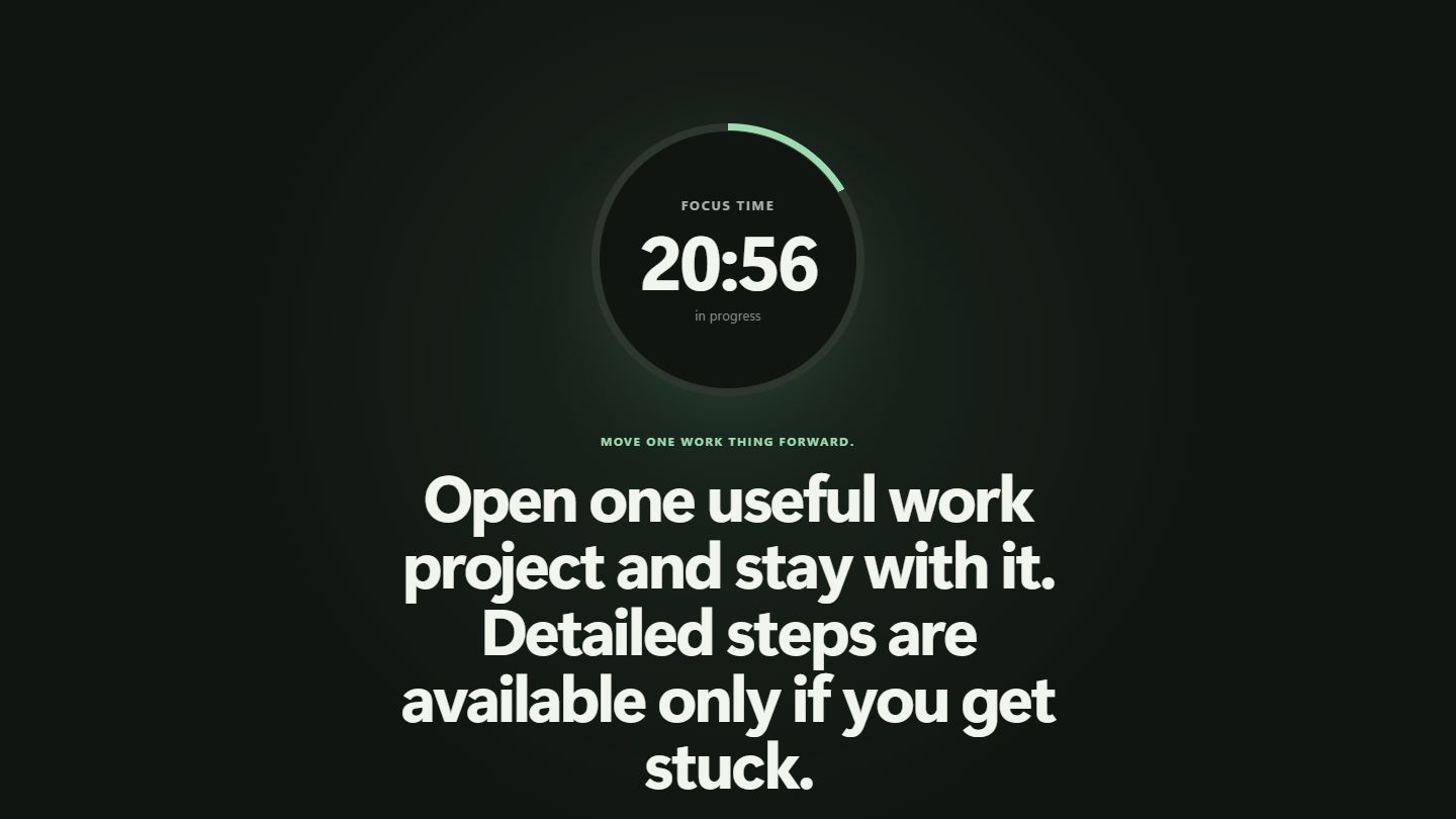 Quiet Next focus mode showing one action, a 25-minute timer and distraction parking